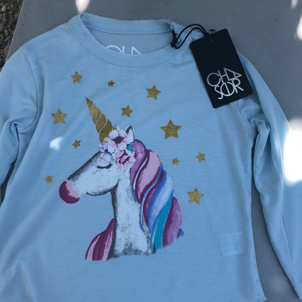 Chaser light blue cotton tee with unicorn & stars